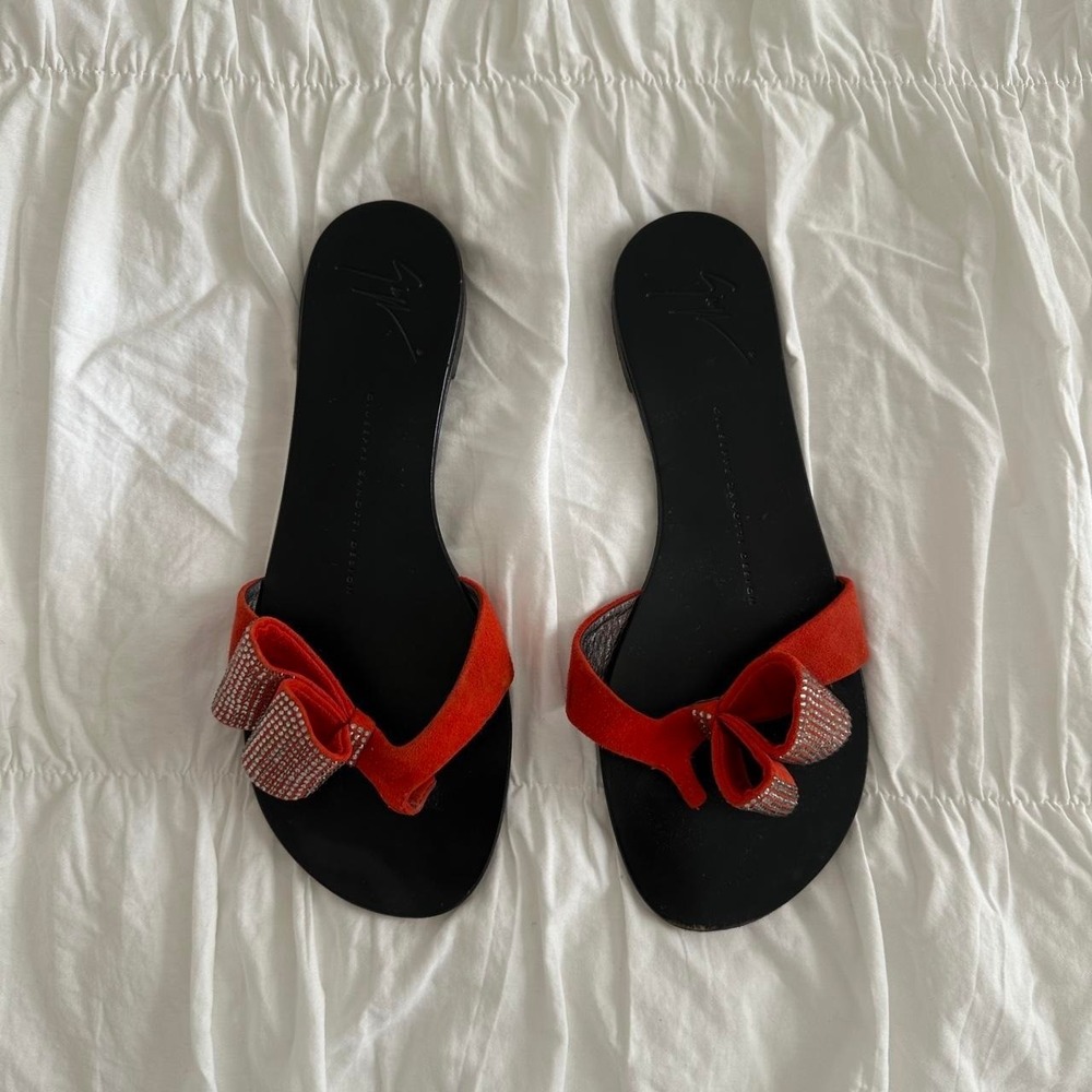 Giuseppe Zanotti Embellished Red and Black Suede Rhinestone Sandals